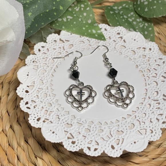 Graceful Filigree Heart Silver Cross Dangle Earrings - Picture 5 of 10
